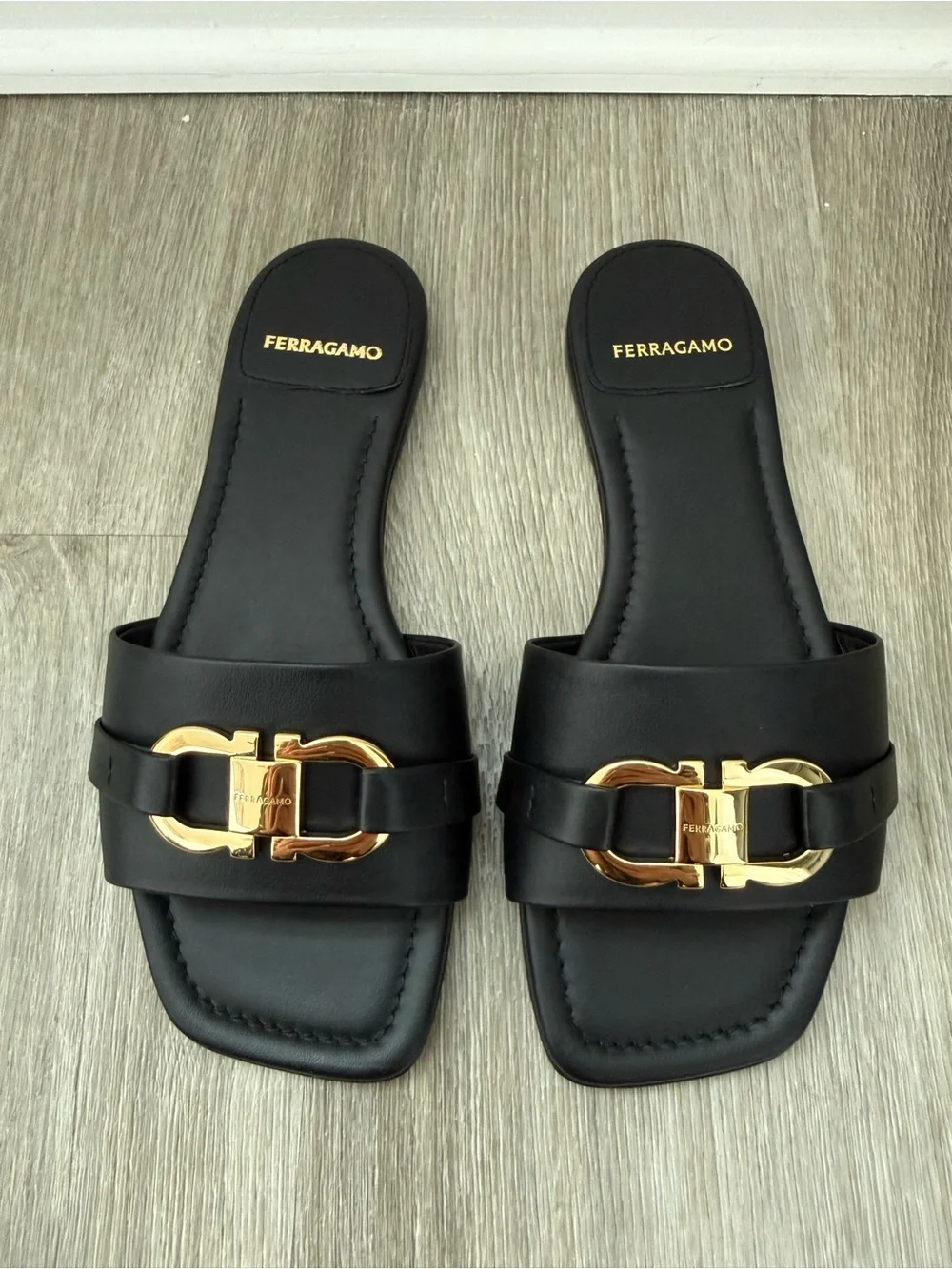 Ferragamo Black Gancini Flat Sandals | Size 6 / 36